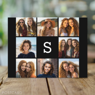 Solid Black Photo Collage Anpassningsbar Monogram Vykort
