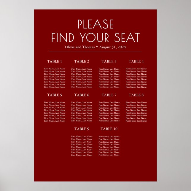 Solid Burgundy Red Modern Wedding Seating Chart Poster (Framsidan)
