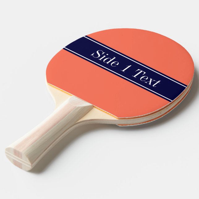 Solid Coral, Navy Blue Ribbon Namn Monogram Pingisracket (Frontvinkel)