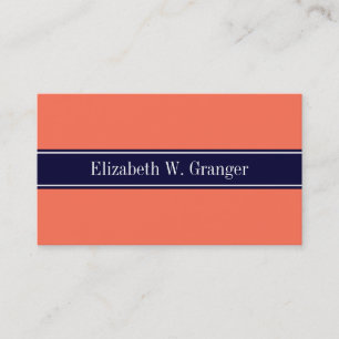 Solid Coral, Navy Blue Ribbon Namn Monogram Visitkort