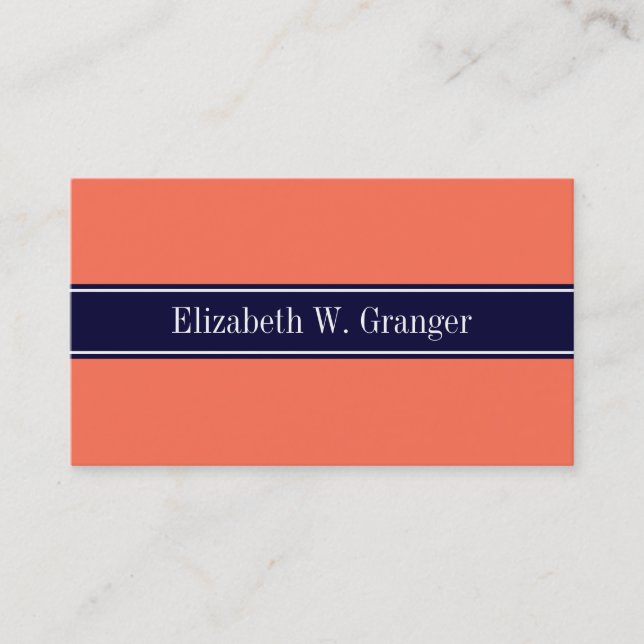 Solid Coral, Navy Blue Ribbon Namn Monogram Visitkort (Framsida)