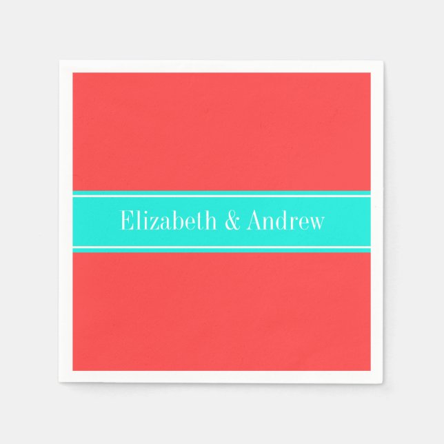 Solid Coral Red, Bright Aqua Ribbon Namn Monogram Pappersservett (Framsidan)