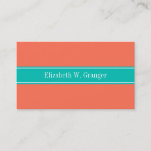 Solid Coral, Teal Ribbon Namn Monogram Visitkort