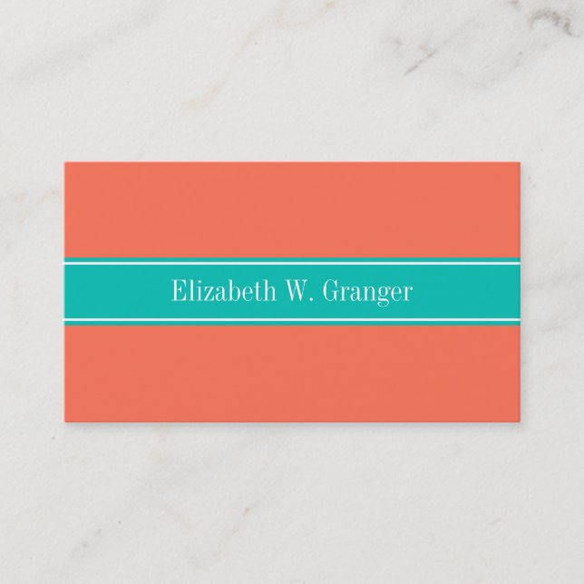Solid Coral, Teal Ribbon Namn Monogram Visitkort (Framsida)
