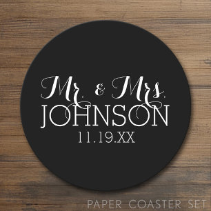 Solid Färg Black Mr & Mrs. Wedding Favors Underlägg Papper Rund