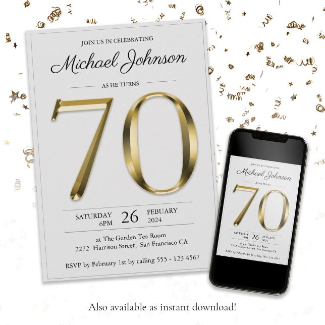 Solid Guld Text Grått Simple Classy 70:e födelseda Inbjudningar (70th Birthday Solid Gold Text Gray Simple Classy Invitation)