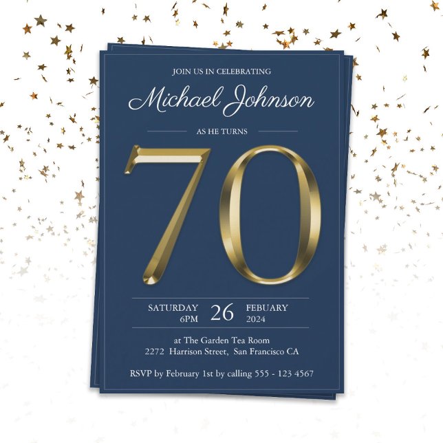 Solid Guld Text Navy Blue Classy 70:e födelsedagen Inbjudningar (Skapare uppladdad)