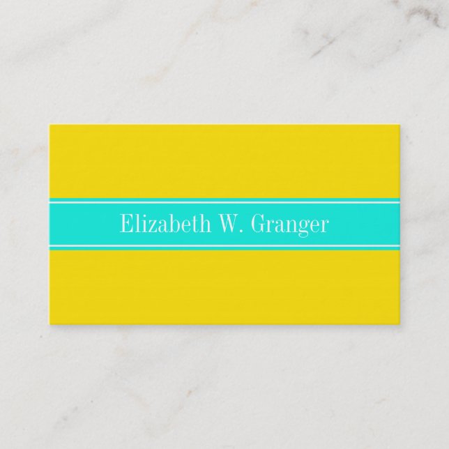 Solid Gult, Bright Aqua Ribbon Namn Monogram Visitkort (Framsida)