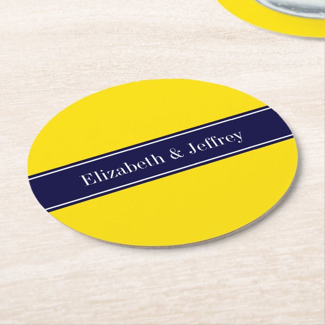 Solid Gult, marinblått band Namn Monogram Underlägg Papper Rund (Vinklad)