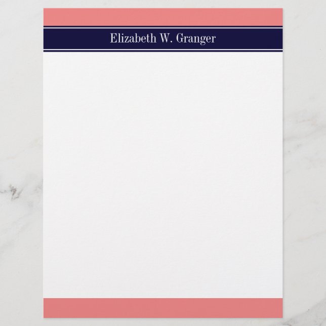 Solid Light Coral, Navy Blue Ribbon Namn Monogram (Framsida)