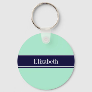 Solid Light Mint, Navy Blue Ribbon Namn Monogram Nyckelring