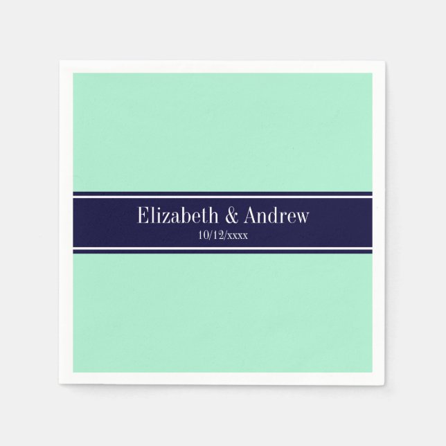Solid Light Mint, Navy Blue Ribbon Namn Monogram Pappersservett (Framsidan)