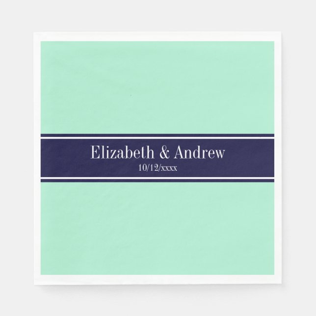 Solid Light Mint, Navy Blue Ribbon Namn Monogram Pappersservett (Framsidan)