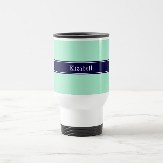 Solid Light Mint, Navy Blue Ribbon Namn Monogram Resemugg (Center)
