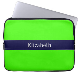Solid Lime Green, marinblå Ribbon Namn Monogram Laptop Sleeve