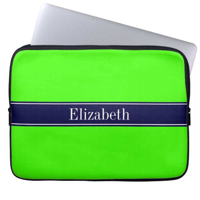 Solid Lime Green, marinblå Ribbon Namn Monogram Laptop Sleeve (Framsidan)