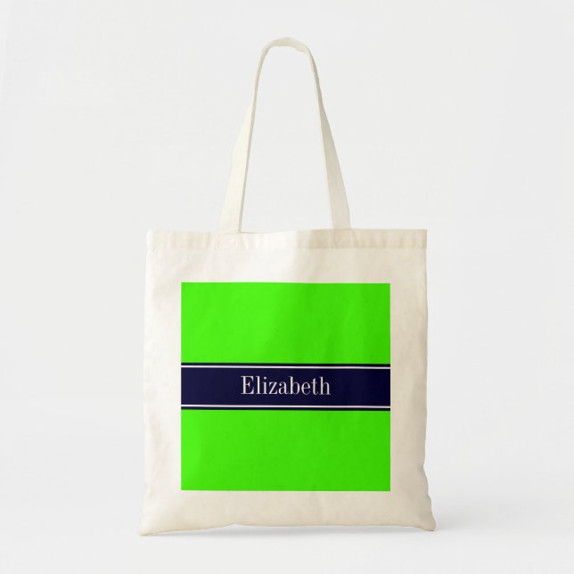 Solid Lime Green, marinblå Ribbon Namn Monogram Tygkasse (Framsidan)