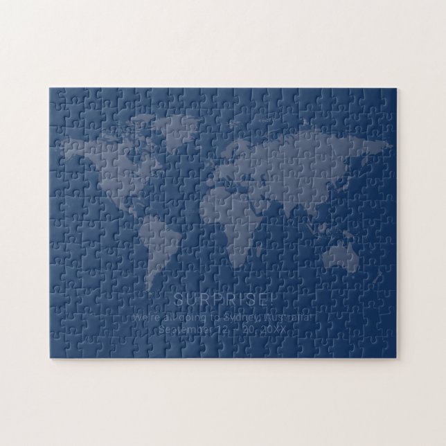 Solid Mörk blått World Map Secret Surprise Message Pussel (Horisontell)