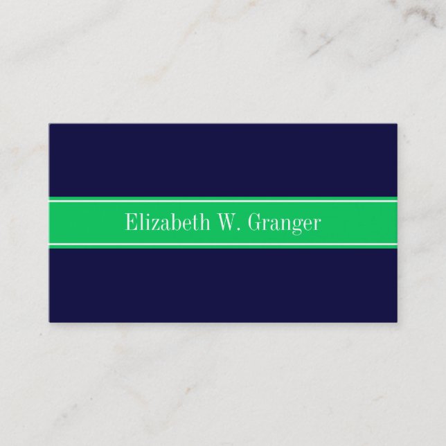 Solid Navy Blue Emerald Grönt Ribbon Namn Monogram Visitkort (Framsida)