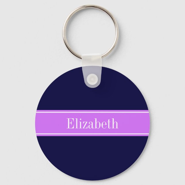Solid Navy Blue, Lilac Ribbon Namn Monogram Nyckelring (Framsida)