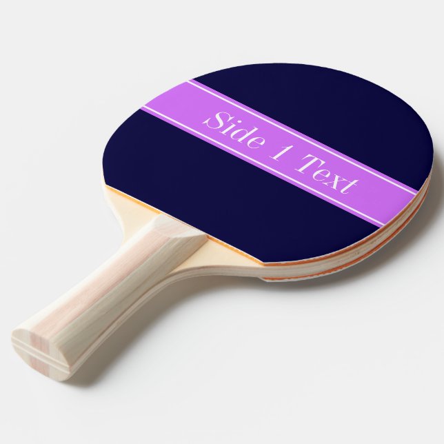 Solid Navy Blue, Lilac Ribbon Namn Monogram Pingisracket (Frontvinkel)