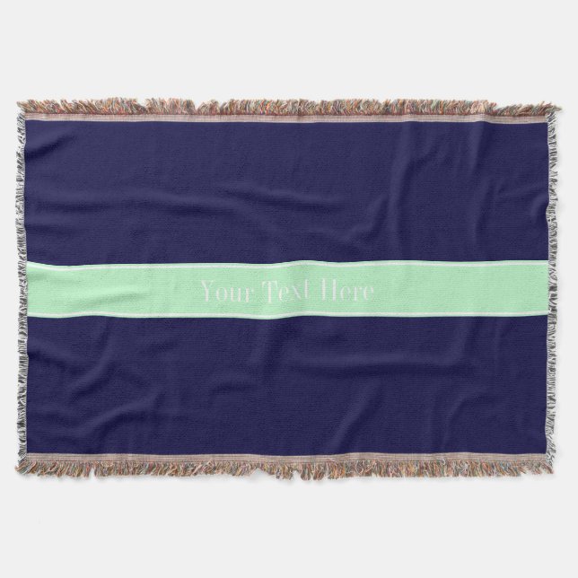 Solid Navy Blue, Mint Ribbon Namn Monogram Filt (Framsidan)