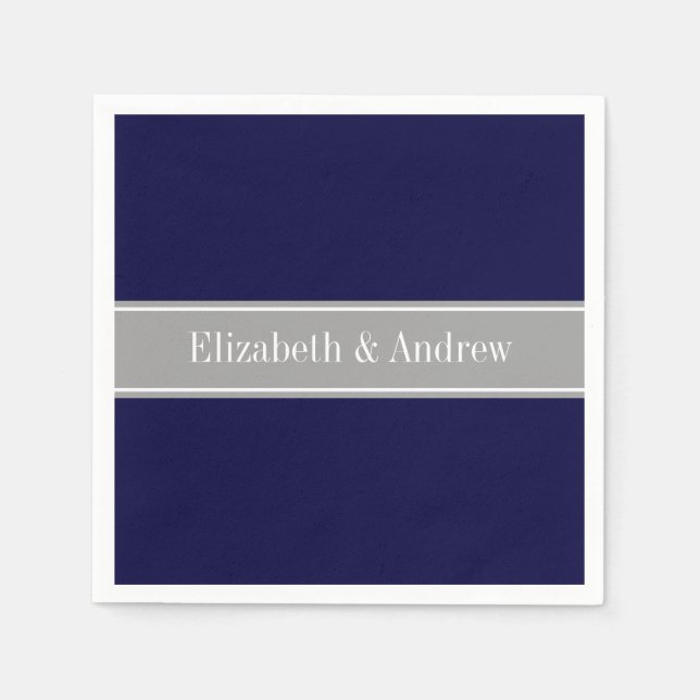 Solid Navy Blue, Mörk Grått Ribbon Namn Monogram Pappersservett (Framsidan)