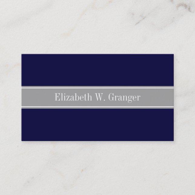 Solid Navy Blue, Mörk Grått Ribbon Namn Monogram Visitkort (Framsida)