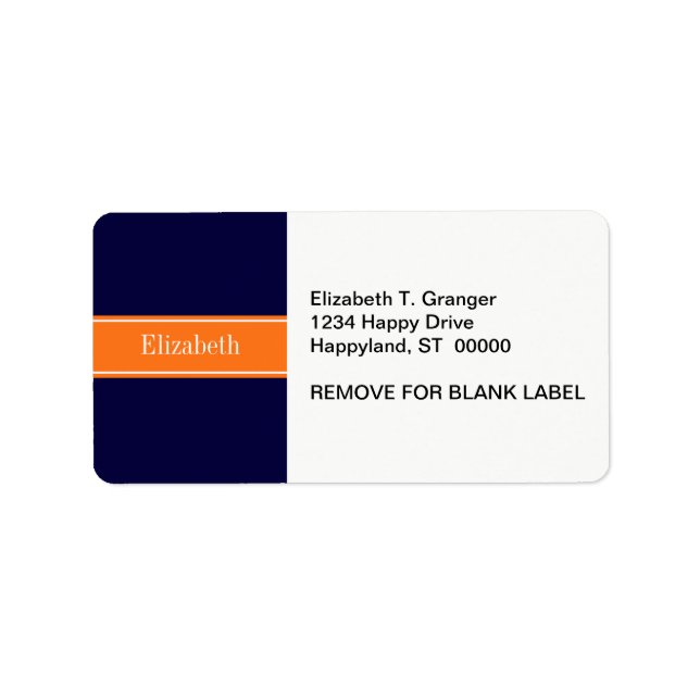 Solid Navy Blue, Pumpkin Ribbon Namn Monogram Adressetikett (Framsidan)