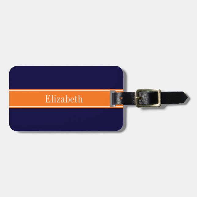 Solid Navy Blue, Pumpkin Ribbon Namn Monogram Bagagebricka (Horisontell Framsida)