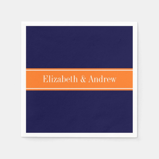 Solid Navy Blue, Pumpkin Ribbon Namn Monogram Pappersservett (Framsidan)