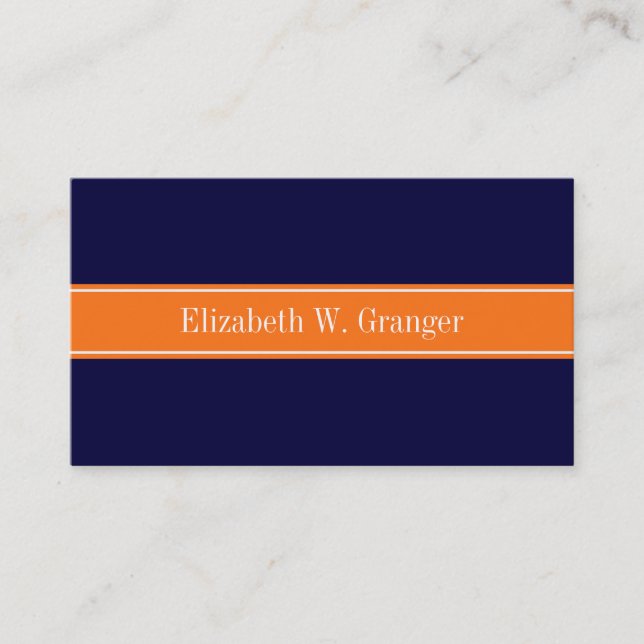 Solid Navy Blue, Pumpkin Ribbon Namn Monogram Visitkort (Framsida)