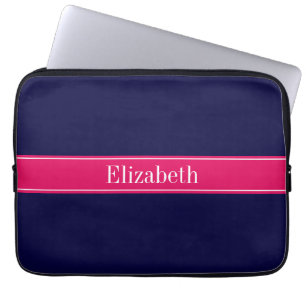 Solid Navy Blue, Raspberry Ribbon Namn Monogram Laptop Sleeve