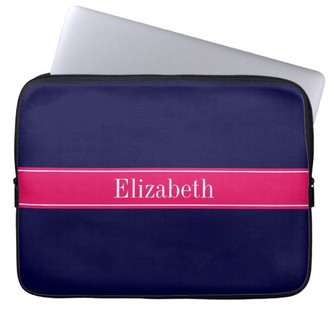 Solid Navy Blue, Raspberry Ribbon Namn Monogram Laptop Sleeve (Framsidan)