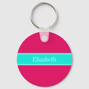 Solid Raspberry, Bright Aqua Ribbon Namn Monogram Nyckelring