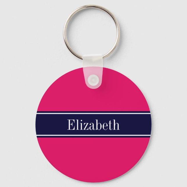 Solid Raspberry, Navy Blue Ribbon Namn Monogram Nyckelring (Framsida)