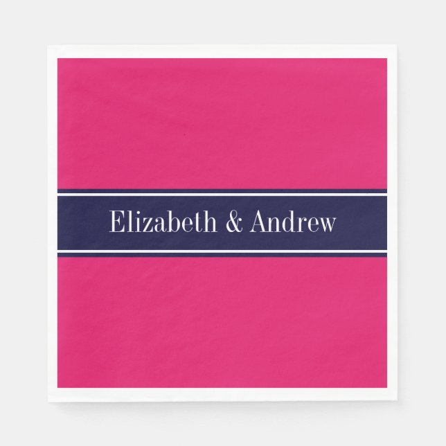 Solid Raspberry, Navy Blue Ribbon Namn Monogram Pappersservett (Framsidan)