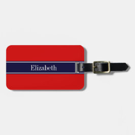 Solid Red, Navy Blue Ribbon Namn Monogram Bagagebricka