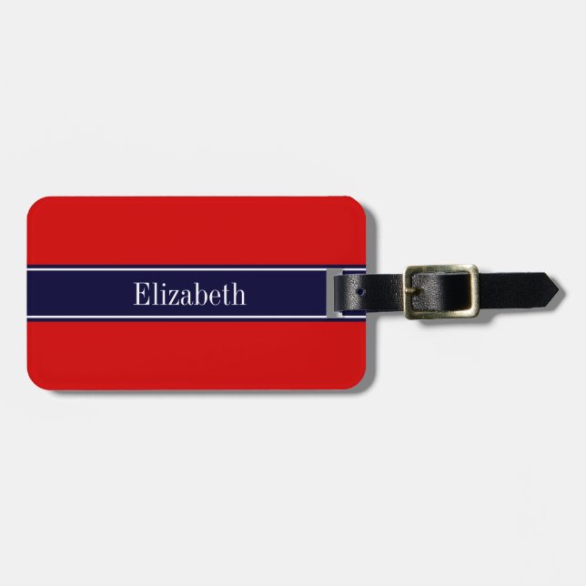 Solid Red, Navy Blue Ribbon Namn Monogram Bagagebricka (Horisontell Framsida)