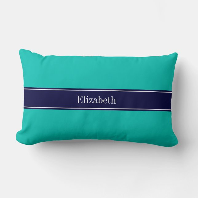 Solid Teal, Marinblå Band Namn Monogram Lumbarkudde (Framsida)