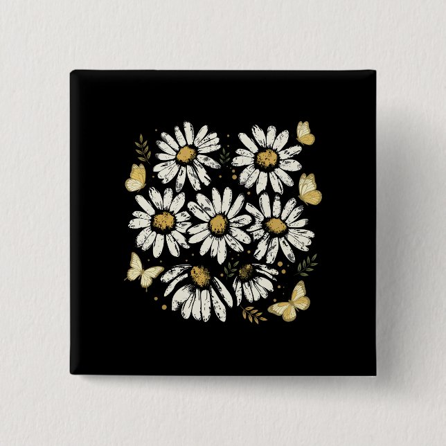 Solig Blommande Tusenskönast Retro Gul Blomma Knapp (Framsida)