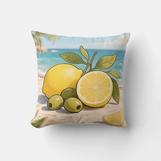 Solig Citron Oliv Strandfräsch Kudde (Framsida)