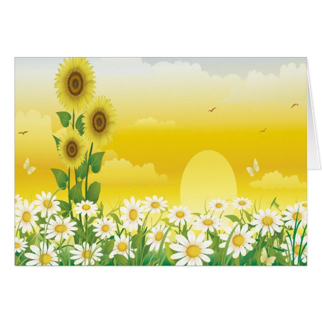 Solig dag, solrosor och blommor hälsningskort (Framsidan Horizontal)