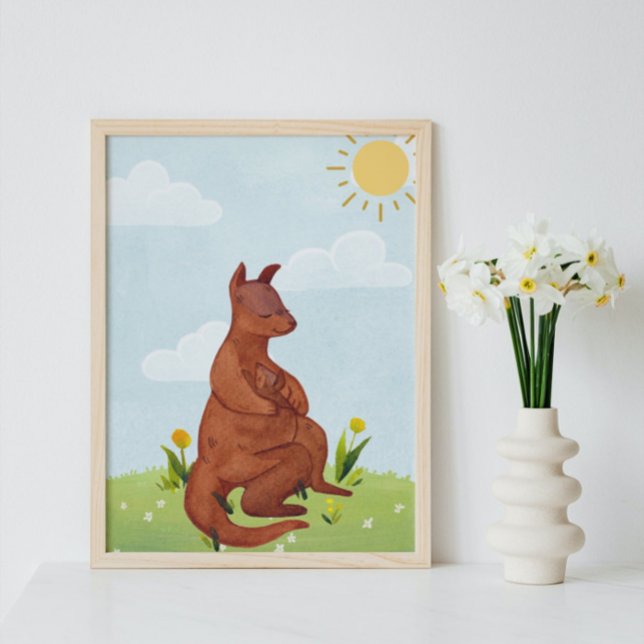 Solig Dag Vattenfärg Vuxen & bebis känguru Nursery Poster (Skapare uppladdad)