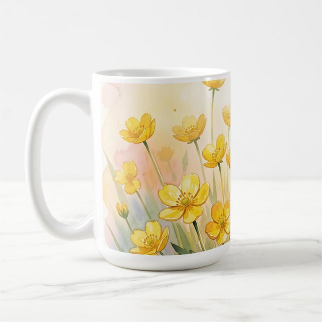 Solig Gul Vildblomma Akvarell Kaffemugg (Vänster)
