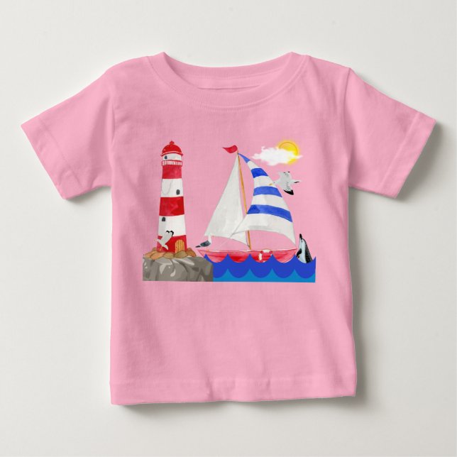 Solig segling Ocean Adventure Segelbåt Fyrtorn T Shirt (Framsida)