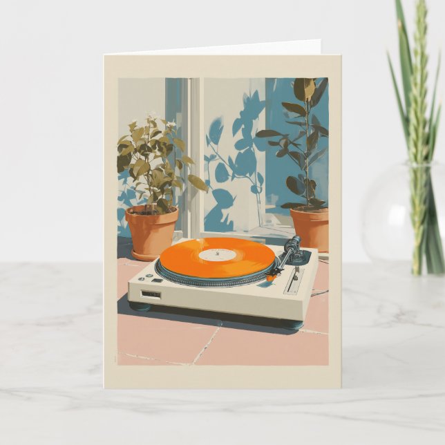 Solig skivspelare med orange vinyl kort (Framsida)