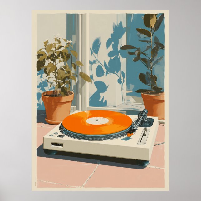 Solig skivspelare med orange vinyl poster (Framsidan)