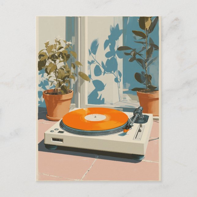 Solig skivspelare med orange vinyl vykort (Framsida)