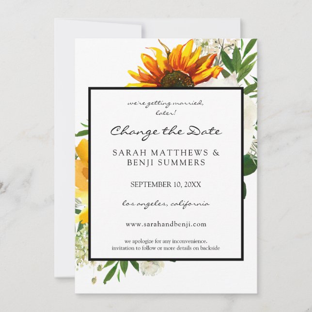 Solig solrosblomma vit ändra datum inbjudningar (Framsida)